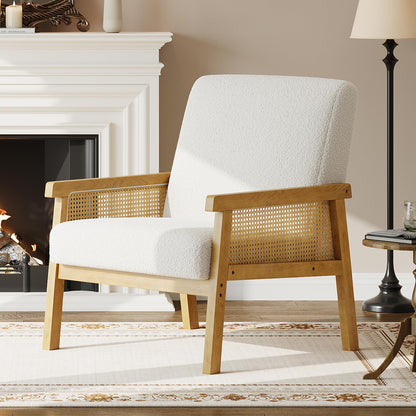 IDEALHOUSE Rattan Accent Chair, Boucle Armchair, Upholstered Reading Chair with Wooden Frame and High Back, Leisure Chairs for Living Room Bedroom Waiting Room Reception, White