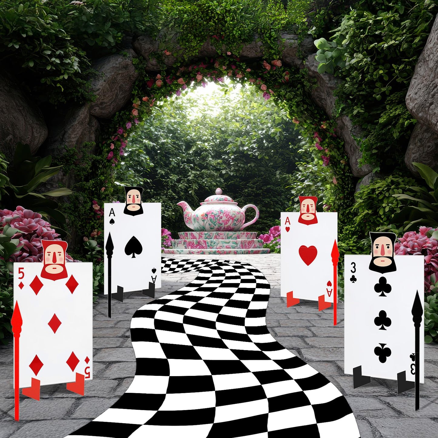Cinnvoice Wonderland Tea Party Decoration, 4 Giant Queen's Soldiers Poker Sign with 8 Stakes 4 Spears, Large Checkered Floor Runner, Yard Lawn Garden Indoor Outdoor Decor for Birthday Poker Party