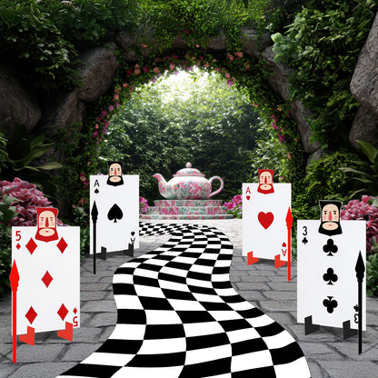 Cinnvoice Wonderland Tea Party Decoration, 4 Giant Queen's Soldiers Poker Sign with 8 Stakes 4 Spears, Large Checkered Floor Runner, Yard Lawn Garden Indoor Outdoor Decor for Birthday Poker Party