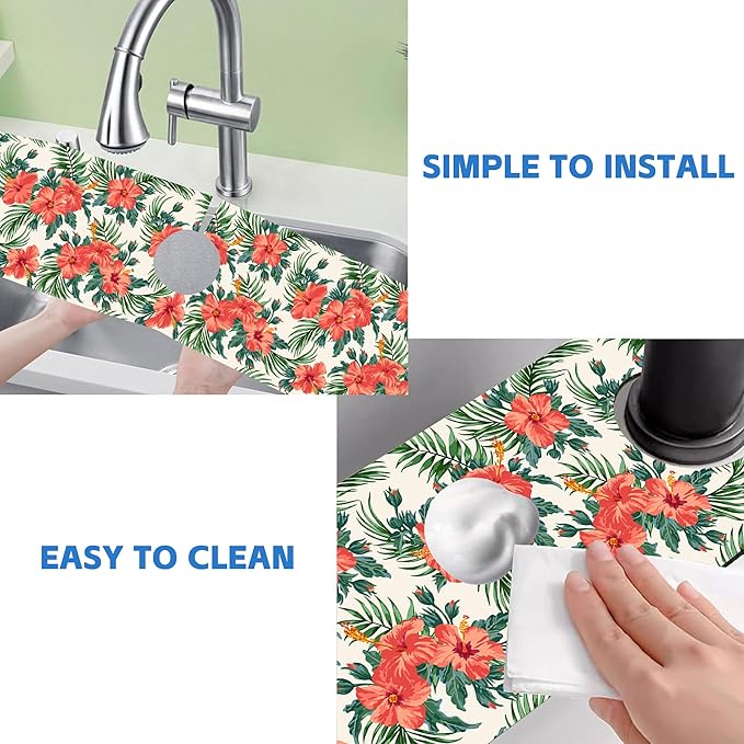 Tropical Leaves and Red Floral Kitchen Sink Splash Guard Mat Absorbent Fast