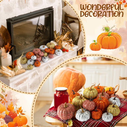 Simgoing 24 Pcs Thanksgiving Glitter Mini Pumpkin Decor Orange, Silver, Gold Small Artificial Foam Pumpkins Fall Tree Hanging Ornament Tiered Tray Decor for Autumn Thanksgiving Party Indoor Home