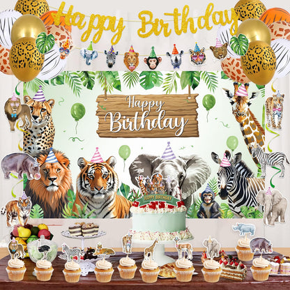 Roetyce Safari Animals Birthday Party Decorations, Jungle Wild Animals Happy Birthday Banner Balloons Hanging Swirls Cake Topper Kit, Safari Themed Birthday for Kids Photo Background Backdrop