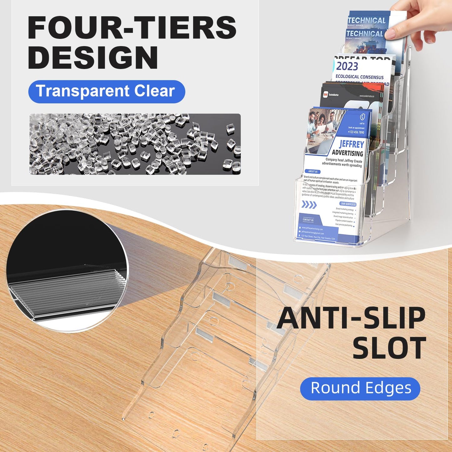 Nellvita 2 Pcs Acrylic Brochure Holder, 4 x9 Inches Flyer Holder, 4 Tier Clear Pamphlet Holder, 4 Inch Wide Magazine Literature Organizer Holder, Brochure Display Stand, for Wall Mount or Desktop Use