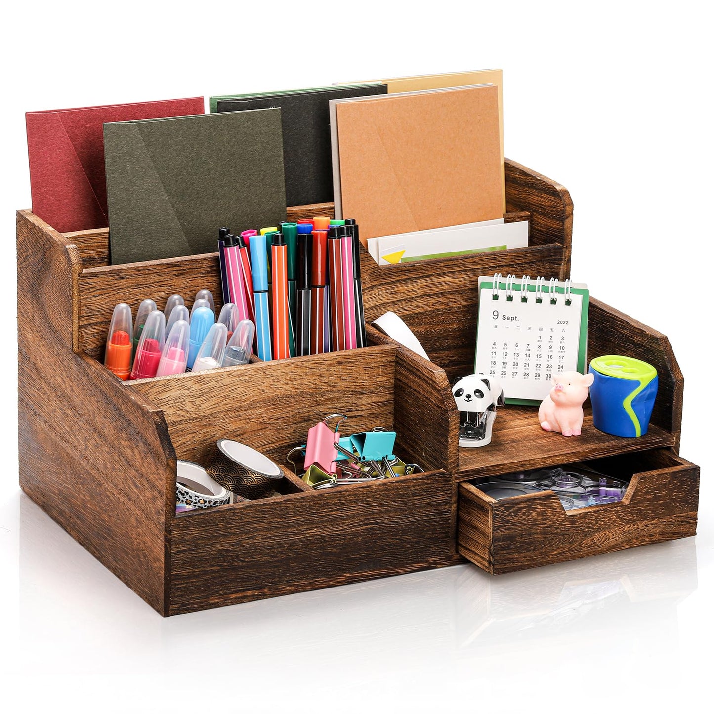 Pumtus Brown Wooden Desk Organizer, Mail Organizer with 7 Compartments and Drawer, Rustic Mail Sorter with Pen Holder, Tabletop Mail Basket, Office Accessories Holder for File Letter Document