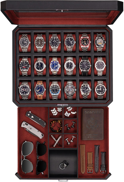 ROTHWELL 18-Slot Watch Case with Drawer – Luxury Watch Box for Men, Real Glass Top, Lockable, Display Case for Collections (Black/Red)