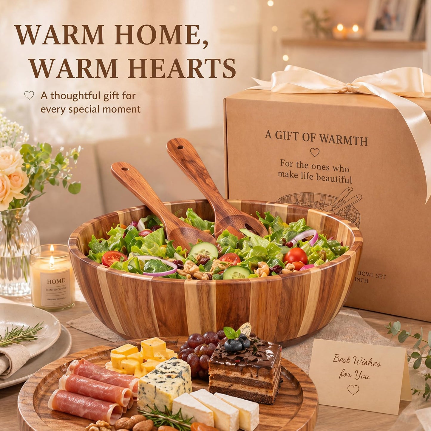 Geiserailie 16" Extra Large Acacia Wood Salad Bowl Set, 2-in-1 Wooden Serving Bowl & Charcuterie Board with Lid, Includes Spoon & Fork, Ideal for Party, Pasta, Fruit, Wedding Housewarming Gift