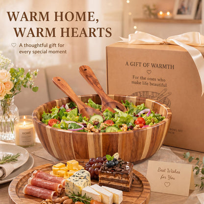 Geiserailie 16" Extra Large Acacia Wood Salad Bowl Set, 2-in-1 Wooden Serving Bowl & Charcuterie Board with Lid, Includes Spoon & Fork, Ideal for Party, Pasta, Fruit, Wedding Housewarming Gift