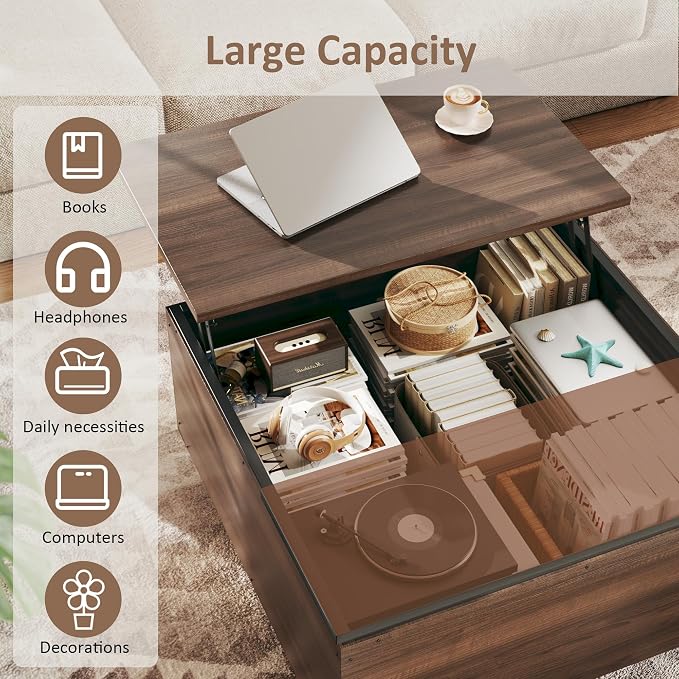 HUAHUU Lift Top Coffee Table, 31.5" Square Coffee Tables with Storage, Coffee Tables with Large Hidden Compartment, Center Table with Lifting Tabletop, Coffee Table for Living Room, Walnut