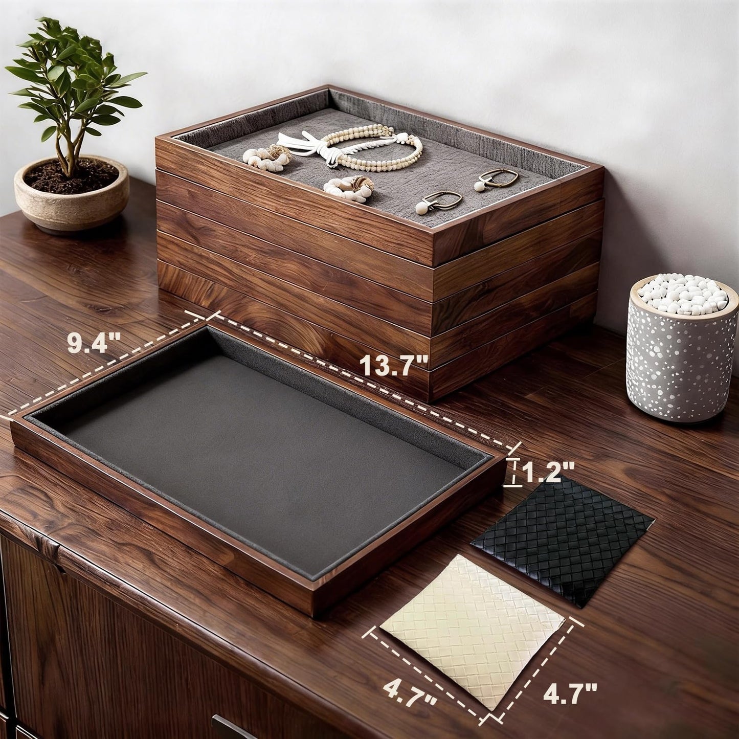 IXARO Large Solid Wood Jewelry Watch Tray, Velvet Jewelry Board Display Trays for Key Wallet Ring，Stackable Wooden Jewelry Drawer Organizer Showcase Jewelry Holder(Grey)