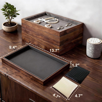 IXARO Large Solid Wood Jewelry Watch Tray, Velvet Jewelry Board Display Trays for Key Wallet Ring，Stackable Wooden Jewelry Drawer Organizer Showcase Jewelry Holder(Grey)