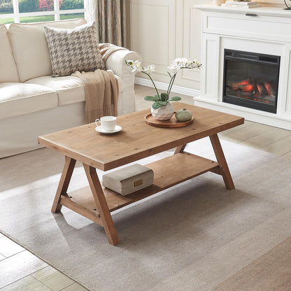 Farmhouse Coffee Table,Solid Wood Center Tables with Storage Shelves & Sturdy A-Shaped Legs, Modern Rustic 2-Tier Rectangular Table for Living Room and Office, Natural
