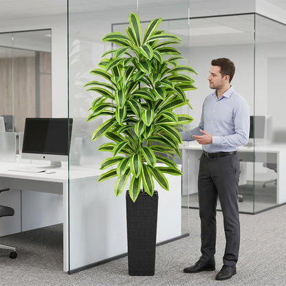 Artifical Yellow Dracaena Tree Indoor, 7FT Tall Fake Floor Plants with Black Planter & Pebbles, Fuax Silk Yucca Tree for Home Office Living Room Bedroom Farmhouse Modern Outdoor Topiary Tree