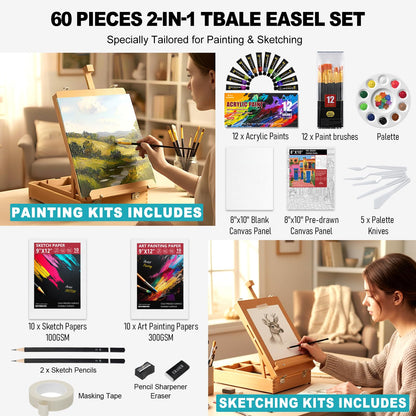 Beechwood Tabletop Easel Set for Painting, 60 Pieces 2-in-1 Art Supplies Specially Tailored for Painting & Sketching, Portable Adjustable Sketchbox Art Easel for Beginners and Art Lovers