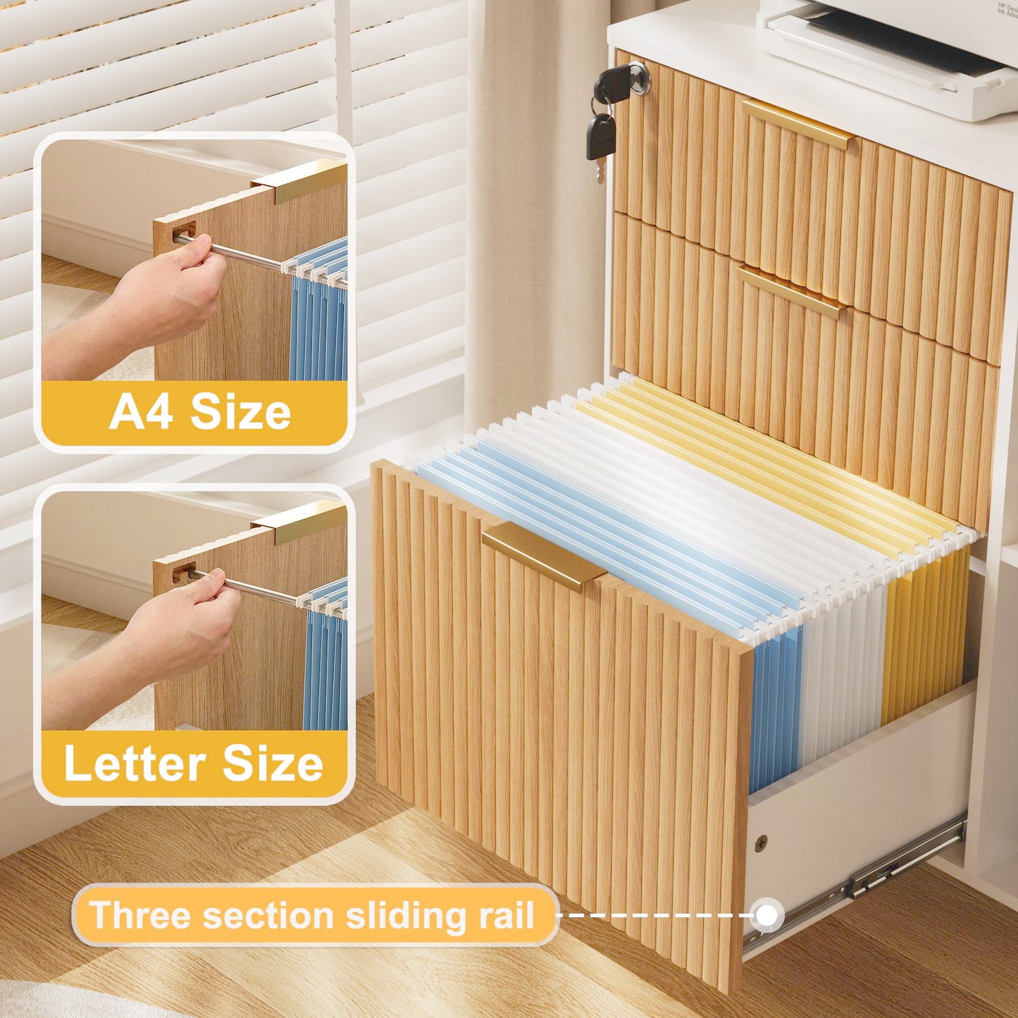 3 Drawer Fluted Mobile Filing Cabinet with Lock, Rolling File Cabinet Printer Stand Table, Under Desk Wooden Printer Stand for Home Office Essentials Storage Organization Furniture Letters/A4(OAK)