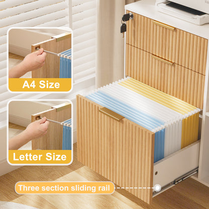 3 Drawer Fluted Mobile Filing Cabinet with Lock, Rolling File Cabinet Printer Stand Table, Under Desk Wooden Printer Stand for Home Office Essentials Storage Organization Furniture Letters/A4(OAK)