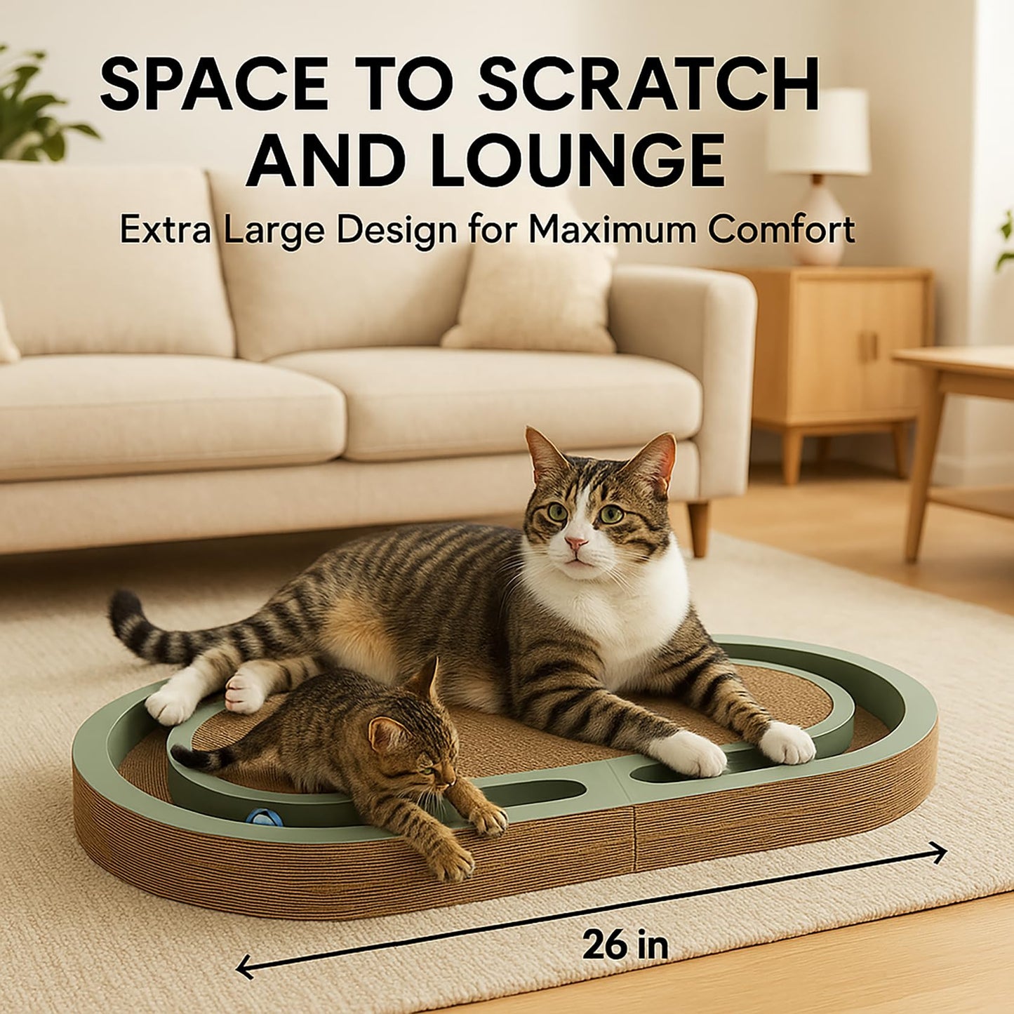 LEQOS Extra Long 26" Folding Cat Scratch Pad with Chasing Bells Double Sided Interactive Cardboard Cat Scratcher Cat Scratching Board for Cats Cardboard Scratching Pads for Indoor Cat Toy