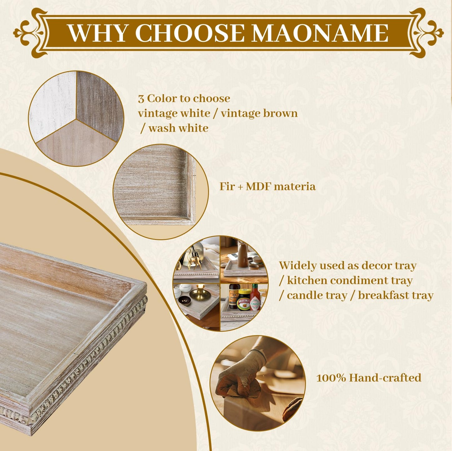 MAONAME Wood Serving Tray, Farmhouse Wooden Tray for Coffee Table, Rustic Rectangle Trays with Beads, Washed White Decorative Trays for Living Room, Kitchen, 15.7" X 11.8" X 1.57"