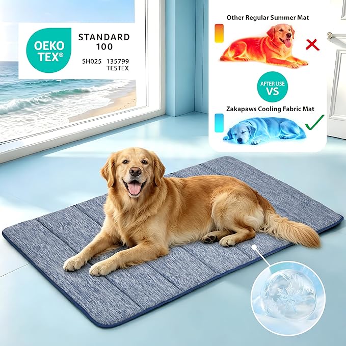 Cooling Dog Mat Q-Max>0.5 - Rapid Cooling Tech, Thin Breathable Crate Pad, Portable Washable Summer Mat, Chill Soothing Fabric - 35"x23" Large Dog, Wander Blue