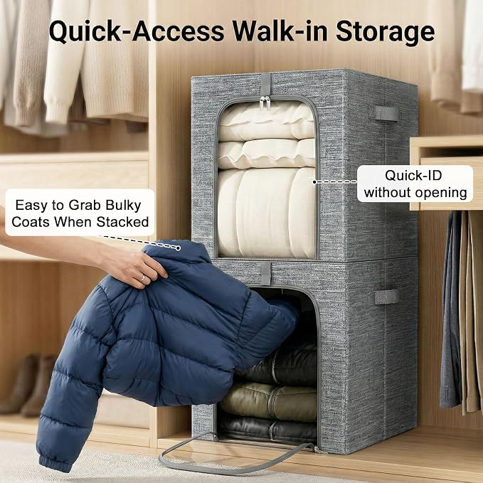 GoMaihe Clothes Storage Bins Metal Frame: 55L Extra Large Stackable Closet Storage Organizer with Lid & Clear Window, Heavy Duty Blanket Boxes for Winter Coats Comforters (Fits Deep Closet 4-Pack)