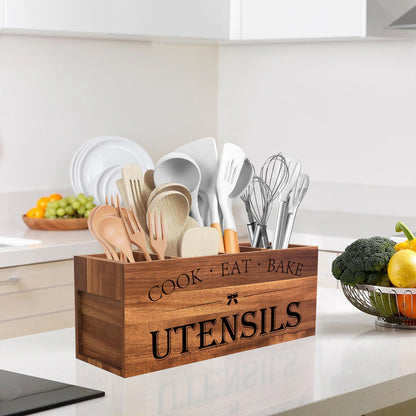 Suli Acacia Wood Utensil Holder for Kitchen Counter,Extra Large Utensils Holder with 4 Compartments,Caddy Organizer for Countertop, Farmhouse Kitchen Decor, Rustic Cooking Utensil-Acacia Brown