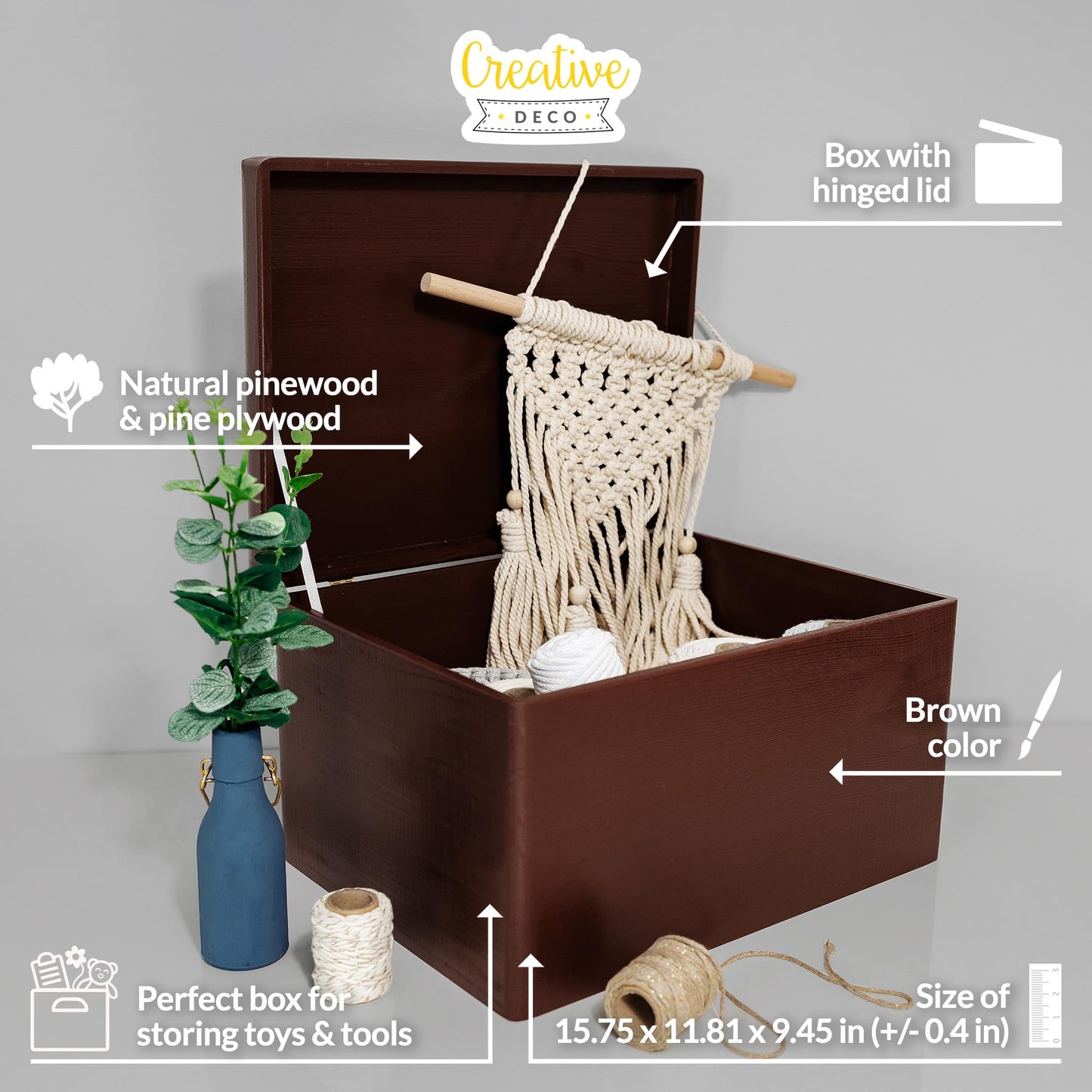 Creative Deco Large Brown Wooden Box Storage with Hinged Lid | 15.8x11.8x9.44in (+-0.5) | Keepsake Decorative Gift Box | Acacia-Like Wood Chest Trunk PRODUCT NOT INTENDED FOR 15 YEARS OR BELOW