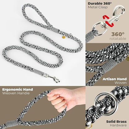 Tirevt Hand-Woven Dog Collar and Leash Set:Color-Block Design, Premium Reinforced Buckle, Adjustable Artisan Paracord for Puppies, Small, Medium & Large Dogs (Black, M+)