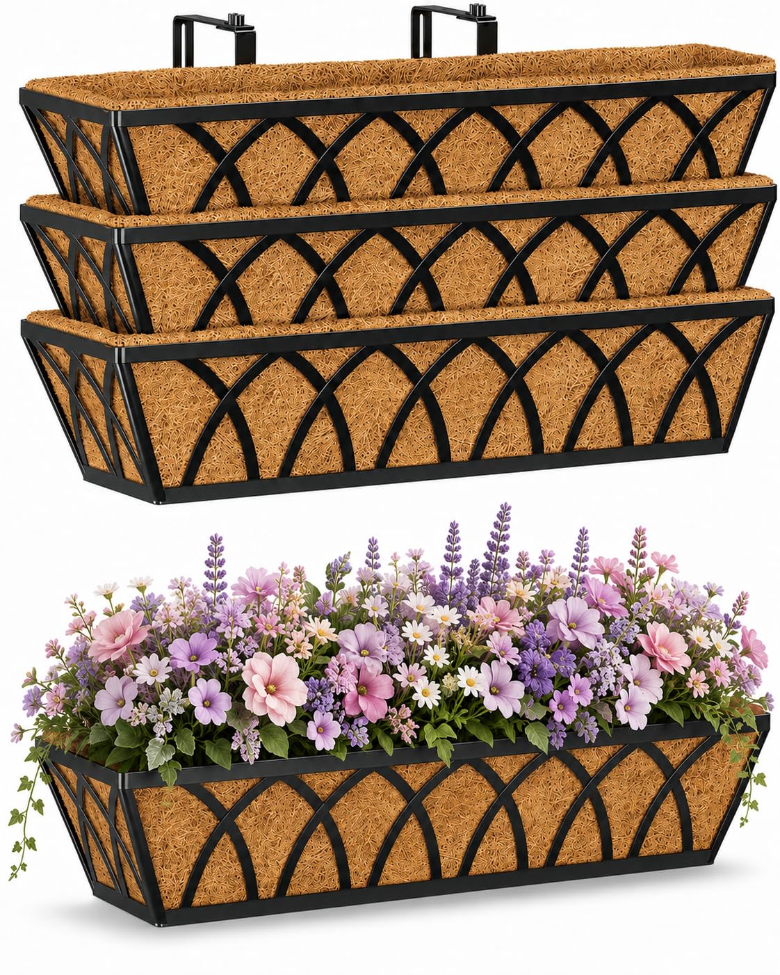 Y&M 4pcs 24 Inch Planter, Metal Window Boxes with Coco Liner, Indoor Outdoor Hanging Flower Planter for Garden, Lawn, Balcony, Porch, Fence, Patio Rail