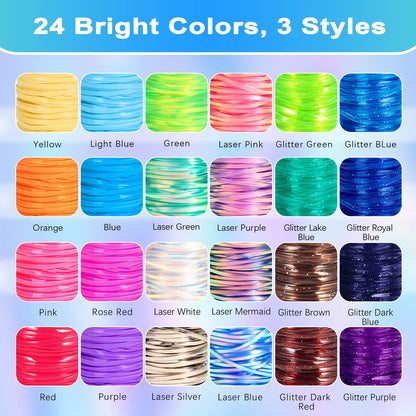 Karsspor Glitter/Laser/Normal Lanyard String Kit - 24 Rolls Gimp String, Plastic Lacing for DIY Bracelets, Key Chains, Pony Beads and Lanyards (788 Feet)