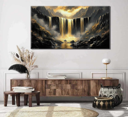 Black Gold Waterfall Canvas Wall Art Abstract Waterfall Wall Decor Mountain Art Posters Pictures for Office for Living Room bedroom Painting Prints Framed
