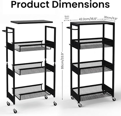 Rolling Utility Cart, 4 Tier Metal Storage Cart with Handle and Wood Top, Multifunctional Mobile Shelf Unit Organizer Trolley for Laundry, Bathroom, Kitchen
