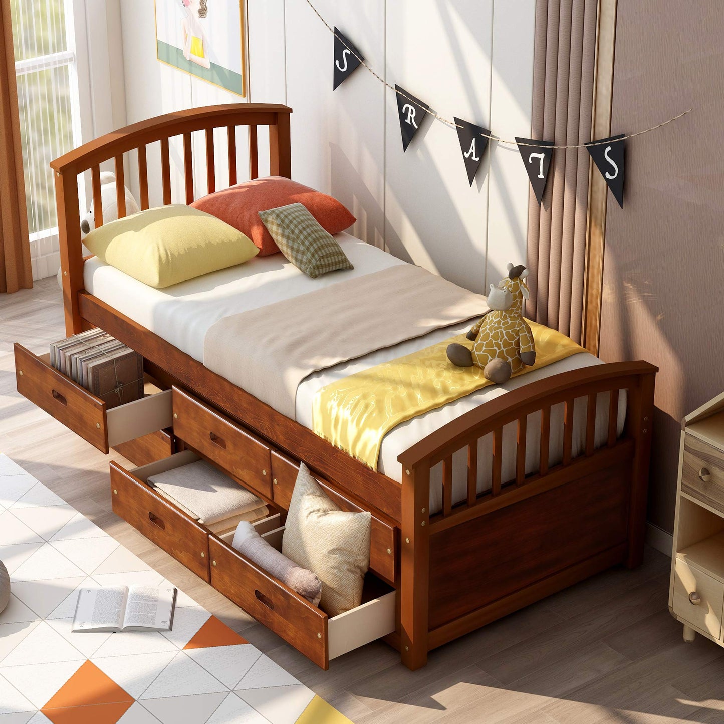 Merax Solid Wood Storage Bed with 6 Drawers, Wooden Slat Support, No Box Spring Needed