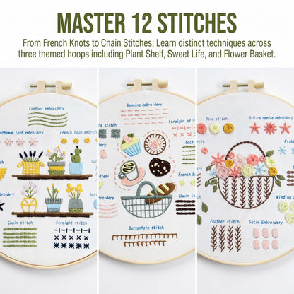 QIZUOLIFE 3 Pack Embroidery Kit for Adults Beginners, Pre‑Stamped Potted Plant Flower Basket Needlepoint Set, DIY Needlework Supplies with Step‑by‑Step Video Tutorials, Handmade Craft Gift Home Decor