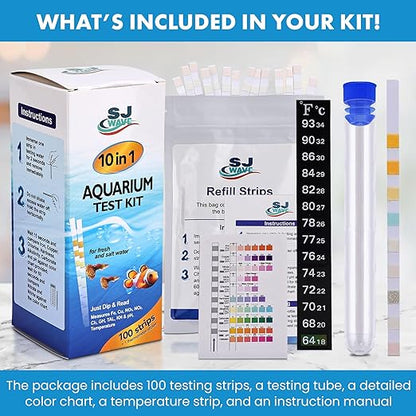 10 in 1 - Aquarium Test Strips | 100 Fast & Accurate Strips | Fish Tank Aquariums Water Test Kit & ebook | Aquarium Thermometer | Fish Tank Water Testing Kit for Fresh & Saltwater | Versatile Usage