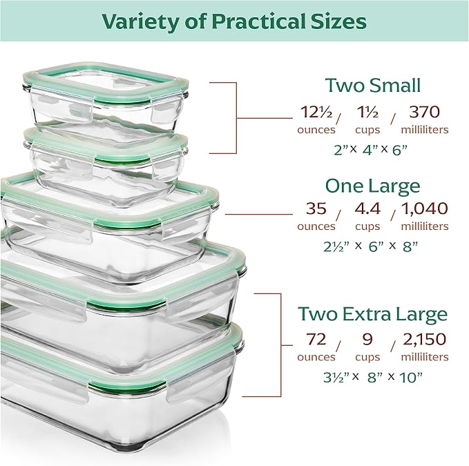 Fusion Gourmet Large Glass Food Storage Containers with Lids [5 Pack, 72 oz, 9 Cup], Airtight, Leakproof, Microwave and Oven Safe Borosilicate Glass