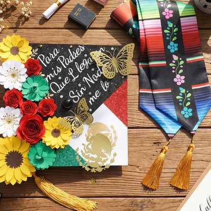 Gersoniel 44 Pcs DIY Graduation Cap Decorations Kit 2026 Mexican Graduation Stole Sash Flower Heads 3D Butterfly Stickers Glitter Rhinestones Pearl Stickers Alphabet Letter Number Grad Cap Topper Gift