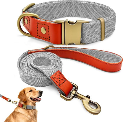 Nylon Dog Leash and Collar Set with Metal Quick Release Buckle, Adjustable, Durable High-Density Fabric, Breathable, Soft and Comfortable for Walking and Training, Silver-Gray, XL (16.9"-26")