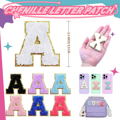 WNSIRVY 52 Pcs Chenille Letter Patches Self Adhesive Iron On Patches for Backpacks, 2.17 Inch Glitter Letter Stickers Preppy Varsity Chenille Patches for Clothing Jackets Hat Laptop (White Letters)