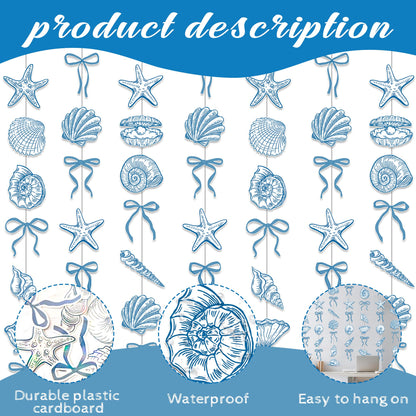 Sea Blue Bow Starfish and Seashell Garlands Summer Ocean Party Supplies 8PCS Coastal Starfish and Seashell Banners Nautical Party Decorations for Marine Baby Shower Wedding Bachelorette Decor