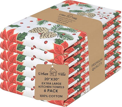 Urban Villa Christmas Kitchen Towels Pine Cone Print Multi Color, 100% Cotton