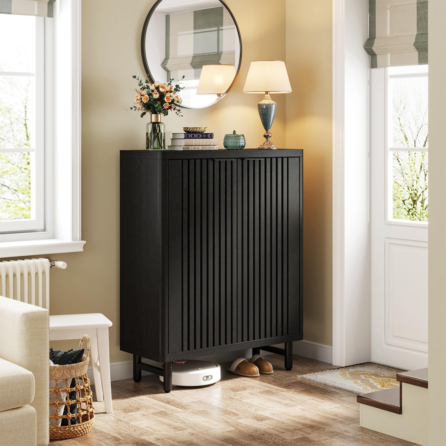 Tribesigns 6-Tier Shoe Cabinet with Louvered Doors, Large Wooden Shoe Storage Cabinet with Adjustable Shelves, Modern Freestanding Shoe Organizer Cabinet for Entryway, Hallway (Black)