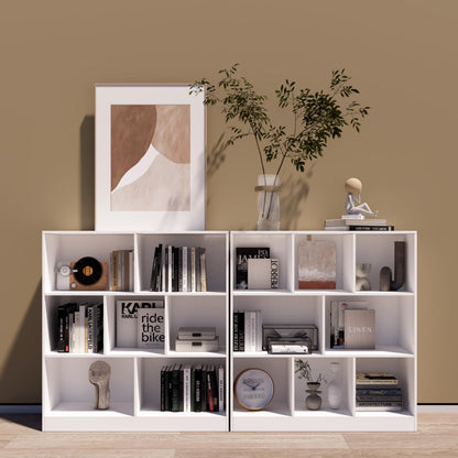 NewBeth 7-Cube Wooden Bookcase,3-Tier Freestanding Storage Cubes with Base,Multi-Purpose Open Shelving for Books,Toys,Bins,Decor – Home Office,Bedroom,Living Room Organizer (White, 7-Cube)