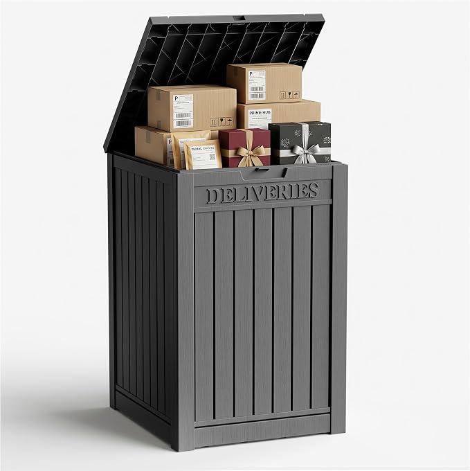 55 Gallon Outdoor Package Delivery Box Waterproof with Lockable, Weatherproof Secure Parcel Drop Box for Porch, Resin Outside Storage Boxes Black