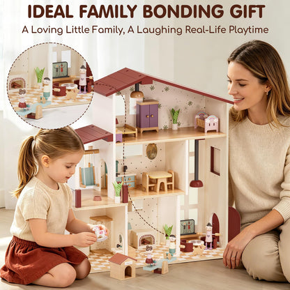 Lehoo Castle Wooden Dollhouse for Girls, Realistic Doll House with 5 Rooms & 38 Accessories, DIY Pretend Play Dream Dollhouse with Doll and Furniture, Ideal Creative Gift for Ages 3+