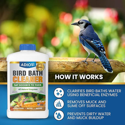 ADIOS! Bird Bath Cleaner for Outdoor Fountains and Bowls, Safely Cleans Metal, Glass and Stone (32oz)