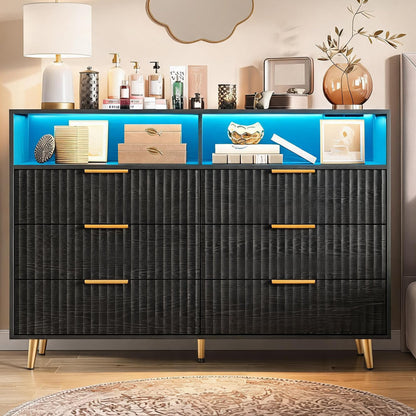 IDEALHOUSE 6 Drawer Fluted Dresser for Bedroom, 47.2" Wide Modern Chest of Drawers with Metal Handles, Wooden TV Stand, Storage Organizer for Closet, Living Room, Hallway, Black
