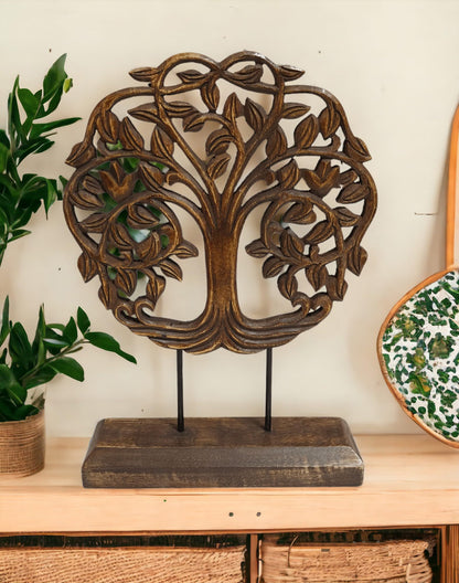 VANIYA CRAFTS® Wooden Carved Handmade Tree Design Engraved Table Decor Table Sculpture Home Decor Statue for Living Room, Bedroom, Office Desktop, Cabinets (Walnut)