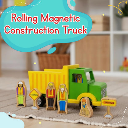 Jack Rabbit Creations- Construction Crew Magnetic Truck- 8 Piece Wooden Playset- Includes Dump Truck, Traffic Signs, Dog and Construction Workers-Motor Skills Toy- Toddlers 3+