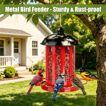 IWNTWY Bird Feeder, Large Capacity Bird Feeders for Outdoor Hanging, Heavy Duty Metal Wild Birdfeeder for Outside Garden Yard Decor, Retro Lantern Shape (Red)