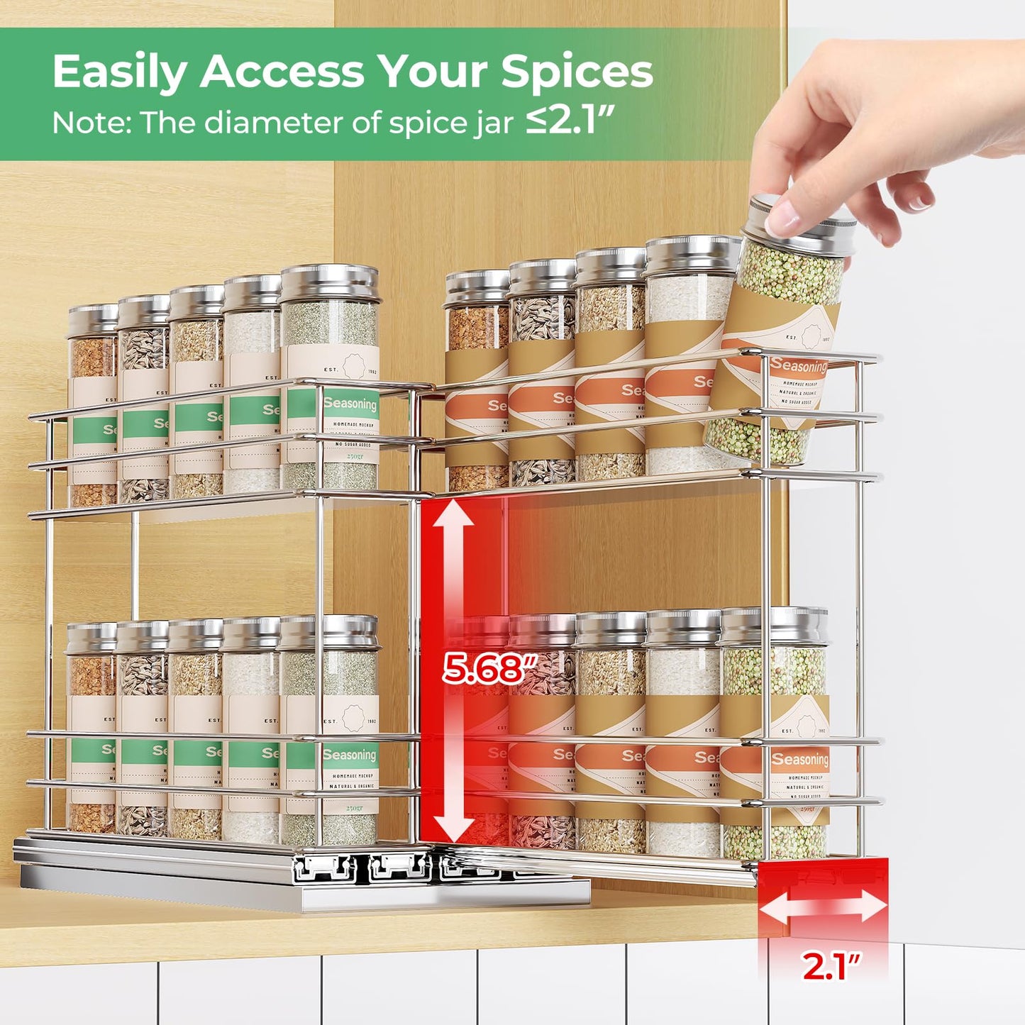 Pull Out Spice Rack Organizer for Cabinet, Slide Out Spice Racks, Easy to Install, 2.1''Wx10.35''Dx8.26''H, 3 Drawers 2 Tiers(Black)
