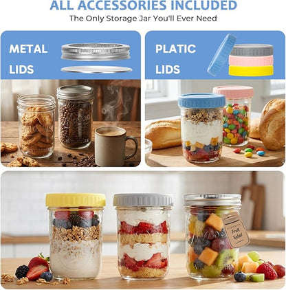CycleMore 16oz Wide Mouth Mason Jars with Airtight Lids, 12 - Pack Canning Jars with Colorful Lids, Glass Jars for Fermenting, Pickling, Freezing, Preserving, Meal Prep, Jar Décor